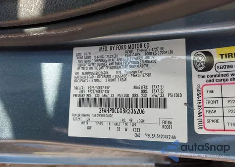 2011 Ford Fusion Sel from USA, damaged, VIN 3FAHP0CGXBR336206